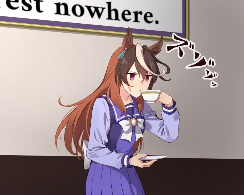 1girl absurdres animal_ears back_bow bow bowtie brown_hair commentary_request cup drinking empty_eyes hair_between_eyes highres holding holding_cup holding_saucer horse_ears horse_girl horseshoe_ornament large_bow long_hair long_sleeves motsunabe_(mo2nap3) multicolored_hair o3o pleated_skirt purple_eyes purple_shirt purple_skirt sailor_collar sailor_shirt saucer school_uniform shirt skirt solo streaked_hair symboli_rudolf_(umamusume) tracen_school_uniform umamusume white_bow white_bowtie white_hair