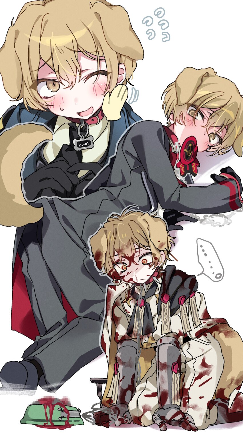 ... 3boys absurdres all_fours animal_collar animal_ears armor black_coat black_gloves blonde_hair blood blood_on_clothes blood_on_face blush bowl chain chain_leash chibi close-up coat collar collared_shirt dante_(limbus_company) dog_ears dog_tail gloves highres leash limbus_company looking_at_viewer lying male_focus manic_rabbits multiple_boys n_corp._fanatic_(identity)_(project_moon) necktie on_side one_eye_closed pants pet_bowl project_moon shirt simple_background sinclair_(project_moon) speech_bubble tail white_pants white_shirt wide-eyed yellow_eyes zwei_association_south_uniform