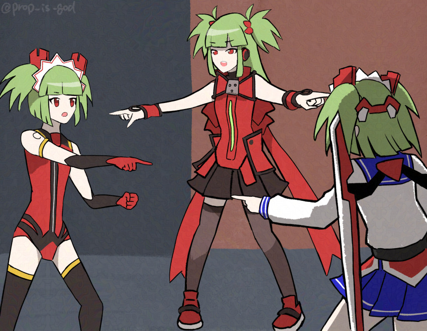 3girls beatmania_iidx bemani black_skirt black_thighhighs blue_skirt blunt_bangs bombergirl busou_shinki commentary_request full_body gloves green_hair highres hishimiya_tsugaru leotard long_hair looking_at_another maid_headdress meme multiple_girls multiple_persona open_mouth pleated_skirt pointing pointing_spider-man_(meme) prop_is_god red_eyes red_gloves red_leotard red_shirt shirt short_hair skirt sleeveless sleeveless_shirt standing thighhighs two_side_up