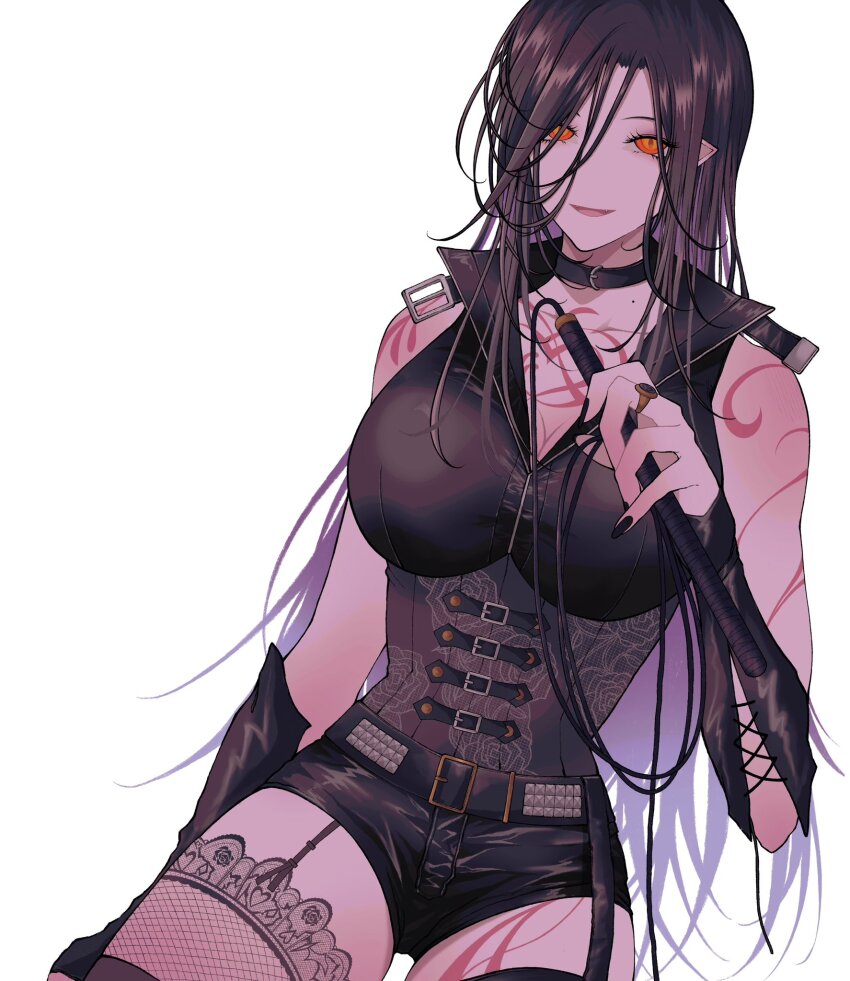 1girl bdsm belt black_corset black_hair breasts corset grin highres holding holding_whip lace lace-trimmed_legwear lace_trim large_breasts long_hair looking_at_viewer nijisanji orange_eyes pointy_ears shirayuki_tomoe shirayuki_tomoe_(9th_costume) shorts smile smug solo tattoo thighhighs virtual_youtuber white_belt zero_zhengyi