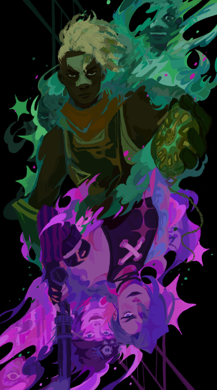1boy 1girl absurdres age_comparison arcane:_league_of_legends arcane_jinx arm_tattoo asymmetrical_bangs bare_shoulders black_background blue_hair blue_lips braid child cloud_tattoo colored_smoke commentary crop_top dark-skinned_male dark_skin dreadlocks ekko_(league_of_legends) english_commentary explosion fingerless_gloves firelight_ekko frown gatling_gun gloves green_light gun highres holding holding_gun holding_pocket_watch holding_weapon horrified jinx_(league_of_legends) league_of_legends long_hair looking_at_viewer minigun multiple_monochrome multiple_views orange_scarf pocket_watch powder_(arcane) purple_light scarf shoulder_tattoo smile smoke spearmintaii split_theme striped_clothes striped_gloves tattoo twin_braids undercut upside-down vertical-striped_clothes vertical-striped_gloves watch weapon wide-eyed