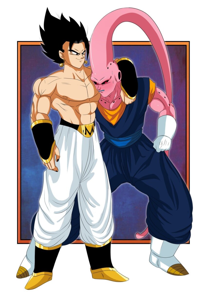 2boys abs black_hair black_nails black_sclera blue_dougi blush colored_sclera colored_skin cosplay costume_switch dougi dragon_ball dragonball_z earrings full_body gloves highres jewelry looking_at_another majin_buu majinbuusama male_focus multiple_boys muscular muscular_male nipples orange_dougi pectorals pink_skin potara_earrings red_eyes smile spiked_hair super_buu sweatdrop topless_male vegetto white_gloves yaoi