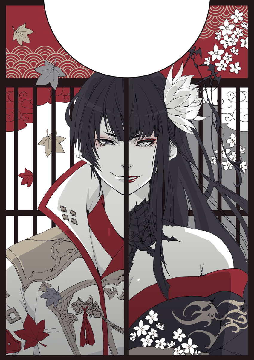 &gt;:) 1boy 1girl asahi_sas_brutus bat_hair_ornament black_collar black_hair black_kimono blunt_bangs border brother_and_sister brown_border collar commentary eyeshadow falling_leaves final_fantasy final_fantasy_xiv flower grey_eyes hair_flower hair_ornament highres hyur japanese_clothes kimono lace_collar leaf long_hair looking_at_viewer makeup maple_leaf mole mole_under_mouth off_shoulder portrait red_eyeshadow red_lips seigaiha short_hair siblings sidelocks slit_pupils smile split_theme straight-on v-shaped_eyebrows white_flower yotsuyu_goe_brutus yuzuriko_red