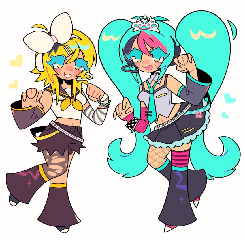 2girls adapted_costume aqua_eyes aqua_hair blonde_hair blue_eyes blue_hair bow detached_sleeves full_body hair_between_eyes hair_bow hair_ornament hair_ribbon hairclip hatsune_miku headphones highres jack0ran kagamine_rin long_hair looking_at_viewer multiple_girls necktie open_mouth ribbon scene_fashion shirt short_hair shorts simple_background skirt sleeveless smile thighhighs twintails very_long_hair vocaloid