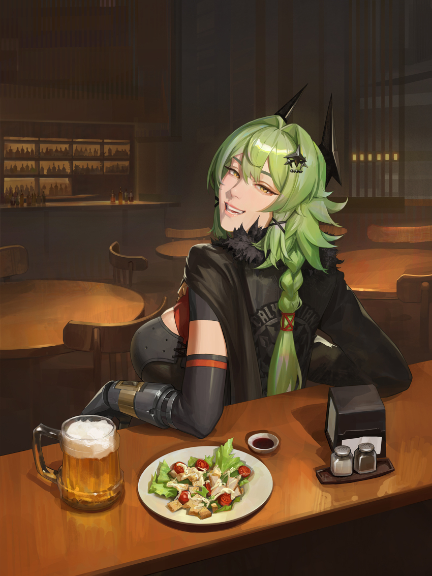 1girl alcohol bar_(place) beer beer_mug bottle braid breasts caesar_king_(zenless_zone_zero) chair chest_guard clothes_writing commentary cup elbows_on_table english_commentary fake_horns food from_behind fur_trim green_hair hair_ornament highres horns large_breasts long_hair looking_at_viewer mug open_mouth pepper_(spice) pepper_shaker plate realistic salad salt salt_shaker smile snowmoeka solo table yellow_eyes zenless_zone_zero