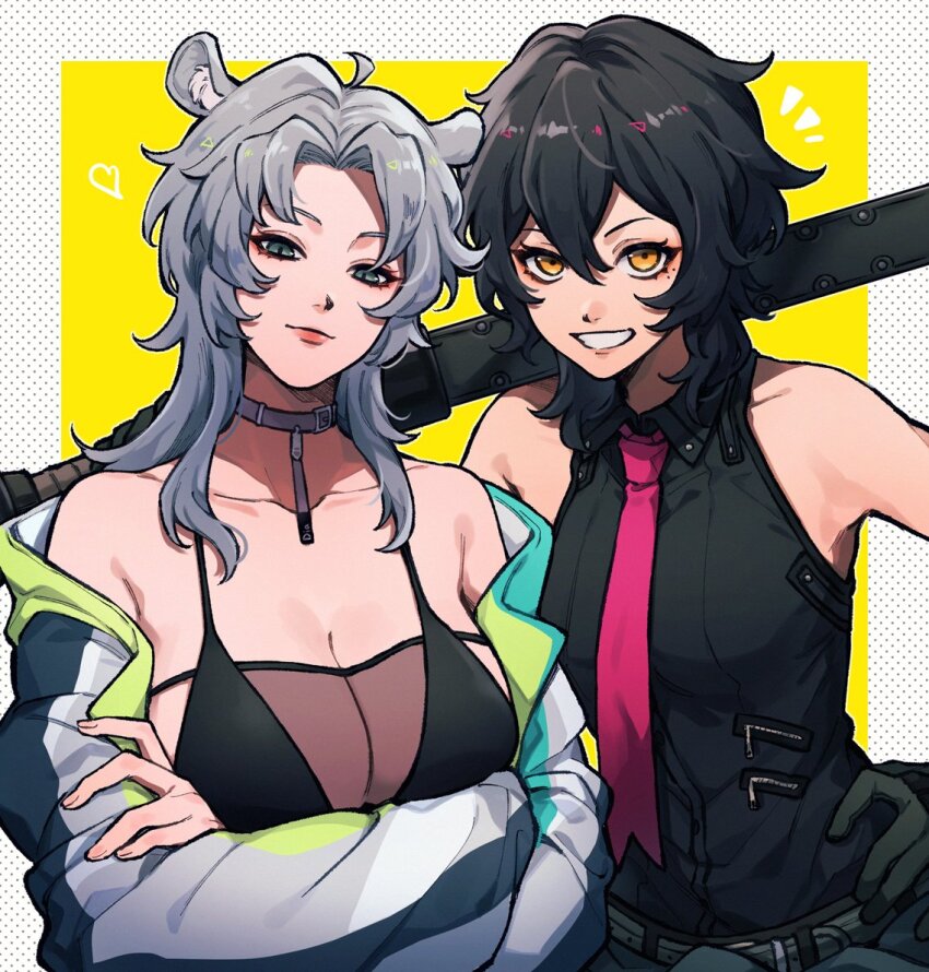 2girls animal_ear_fluff animal_ears bikini black_bikini black_gloves black_hair black_shirt border breasts closed_mouth collar collarbone collared_shirt crossed_arms dia_(flex_frontline) forehead gloves green_eyes grey_collar grey_hair grin hand_on_own_hip holding large_breasts long_hair looking_at_viewer medium_hair melody_horizon_(flex_frontline) multiple_girls necktie notice_lines open_mouth original polka_dot polka_dot_background polka_dot_border purple_necktie second-party_source shirt smile sumoffu swimsuit white_border yellow_background