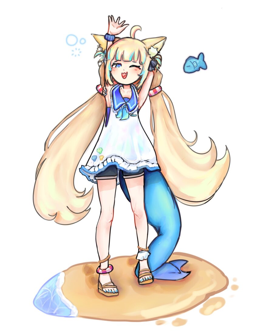1girl 1other 2025 ahoge animal_ears armpits bike_shorts blonde_hair blue_nails blue_toenails cat_ears dress fins fish fish_tail highres indie_virtual_youtuber loli sameko_saba sandals shark_girl shark_tail standing tail twintails white_background white_dress zoeyizume
