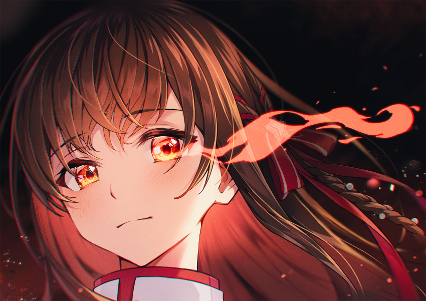 1girl blush braid brown_hair closed_mouth colored_inner_hair enogu eye_trail flaming_eye glowing glowing_eyes hair_ribbon highres iwamotochou_geinousha kagawa_ichigo light_trail long_hair looking_at_viewer multicolored_hair official_art portrait red_eyes red_hair red_ribbon red_theme ribbon shirafuji_tamaki side_braid smile solo virtual_youtuber