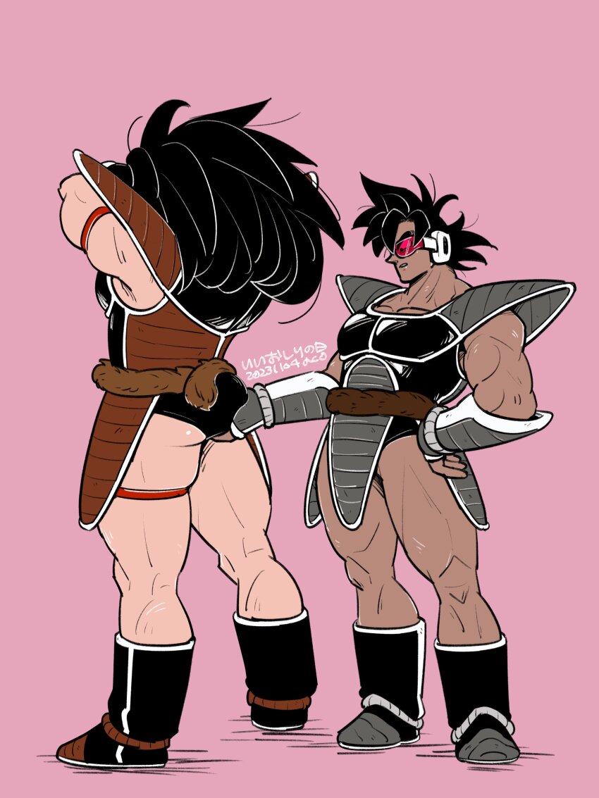 2boys absurdres aco_(aco_rz) ass_lift bara black_hair couple dark_skin dragon_ball dragon_ball_z:_the_tree_of_might dragonball_z full_body grabbing_another&#039;s_ass groping highres large_pectorals leg_wrap long_hair looking_at_ass male_focus mature_male monkey_tail multiple_boys muscular muscular_male pectorals pink_background raditz sanpaku short_hair sidepec spiked_hair tail tail_around_waist thick_eyebrows tullece yaoi