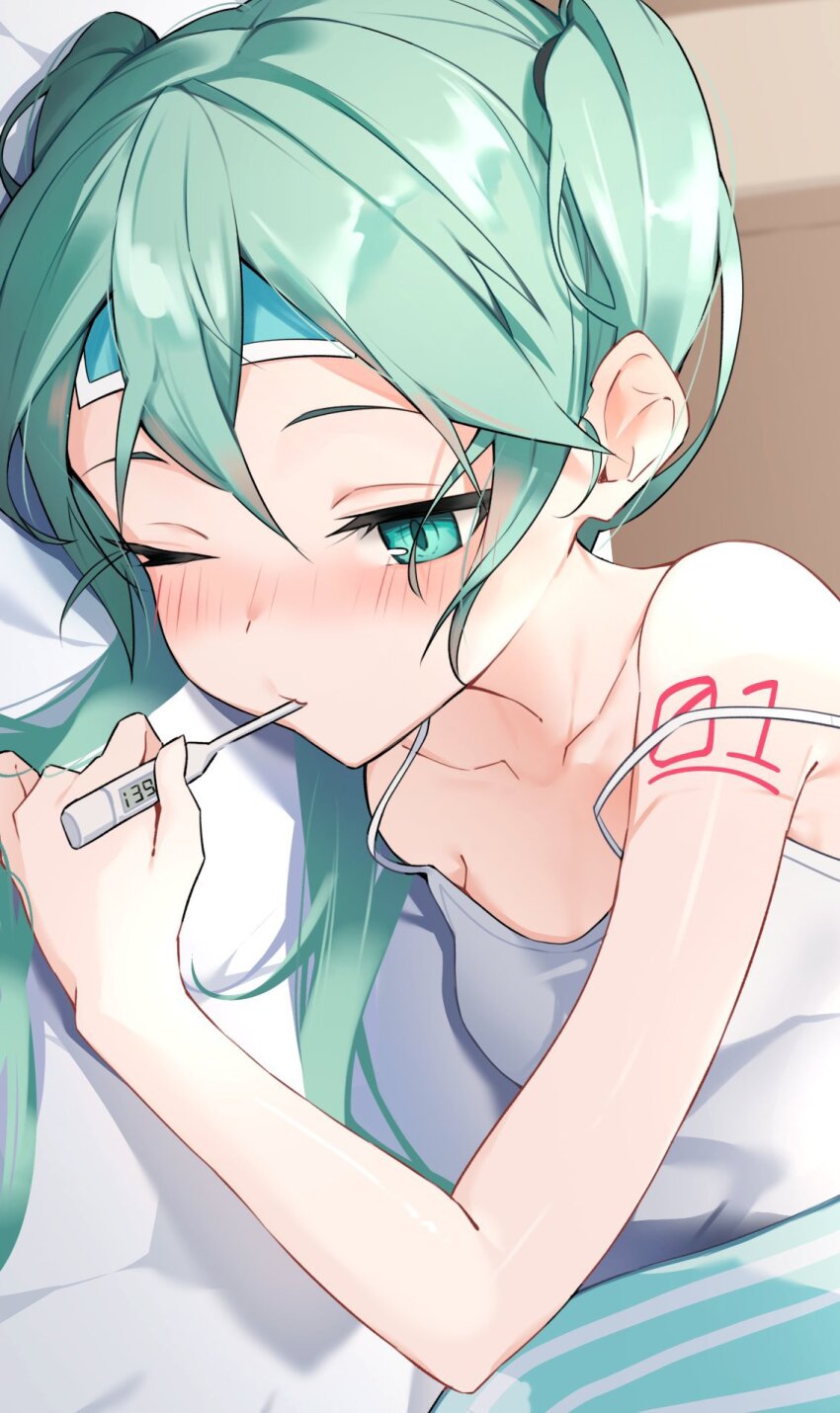 1girl aqua_eyes aqua_hair arm_tattoo camisole digital_thermometer fever hatsune_miku highres ice_pack long_hair lying natoruuuu number_tattoo on_side sick solo tattoo thermometer twintails upper_body vocaloid