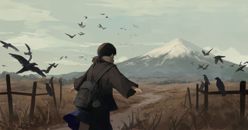 1girl backpack bag bird black_hair black_jacket blue_skirt blue_sky cloud cloudy_sky cowboy_shot crow day dirt_road facing_away fence from_behind grass highres hill jacket landscape long_hair long_sleeves low_ponytail meinoss mountain mountainous_horizon nature original outdoors outstretched_arms ponytail road short_ponytail simple_bird skirt sky solo walking