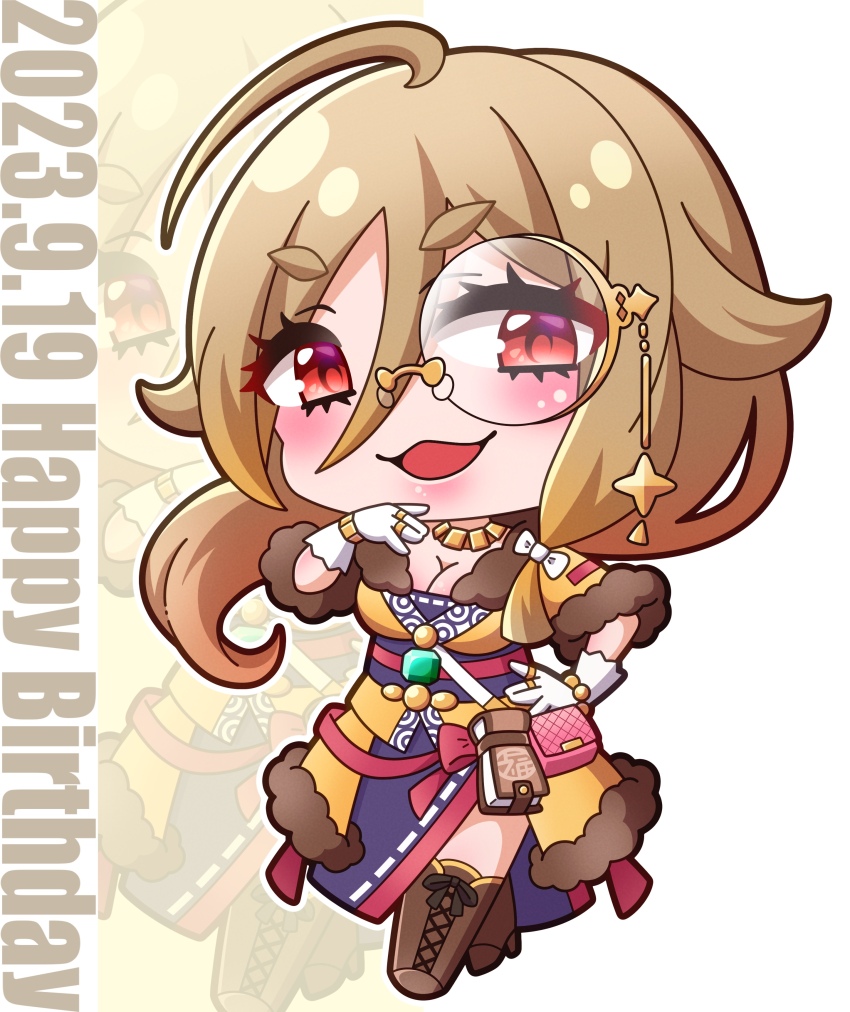 1girl :d absurdres ahoge bag boots breasts brown_boots brown_hair chibi cleavage commentary_request creditta_(princess_connect!) dated full_body fur-trimmed_sleeves fur_trim gloves hair_between_eyes hand_on_own_hip happy_birthday highres jewelry lace-up_boots long_hair looking_at_viewer medium_breasts monocle obi open_mouth princess_connect! red_eyes ring saishosaisekojo sash short_eyebrows short_sleeves shoulder_bag smile solo standing thick_eyebrows white_background white_gloves zoom_layer
