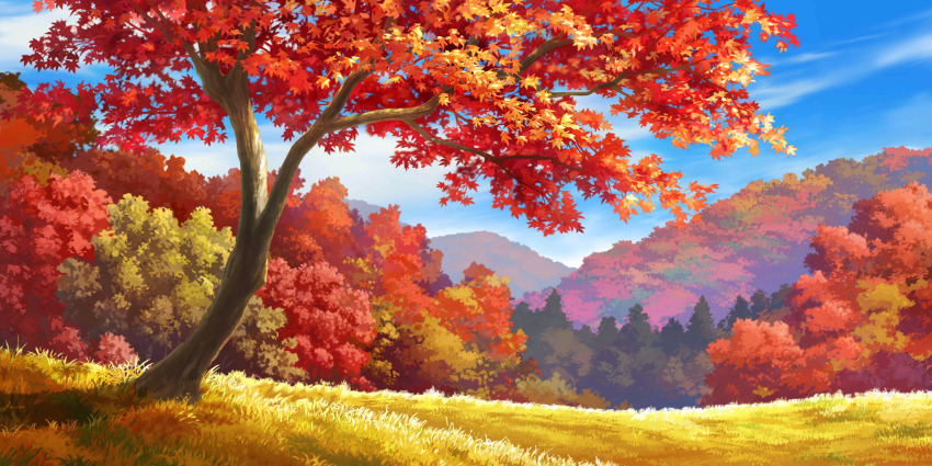 autumn autumn_leaves cloud day forest grass highres kosian leaf nature no_humans non-web_source official_art scenery second-party_source sky touhou touhou_lostword tree