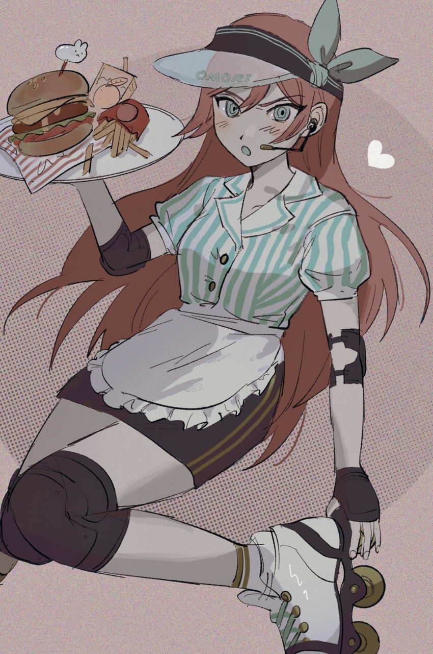 1girl alternate_costume apron aqua_eyes aqua_hairband aqua_jacket aqua_tongue aubrey_(faraway)_(omori) aubrey_(omori) black_gloves black_skirt burger buttons collarbone commentary_request copyright_name double-parted_bangs double_vertical_stripe earpiece elbow_pads english_text film_grain fingerless_gloves fingernails food french_fries frilled_apron frills gloves hair_between_eyes hairband hand_up heart highres holding holding_plate jacket juice_box knee_pads long_hair looking_at_viewer multicolored_jacket omori open_mouth pencil_skirt pink_background pink_hair plate puffy_short_sleeves puffy_sleeves ringed_eyes roller_skates sema_(vivaviva_02) shoelaces short-sleeved_jacket short_sleeves simple_background skates skirt solo standing standing_on_one_leg striped_clothes striped_jacket two-tone_jacket v-shaped_eyebrows vertical-striped_clothes vertical-striped_jacket visor_cap waist_apron white_apron white_footwear white_jacket