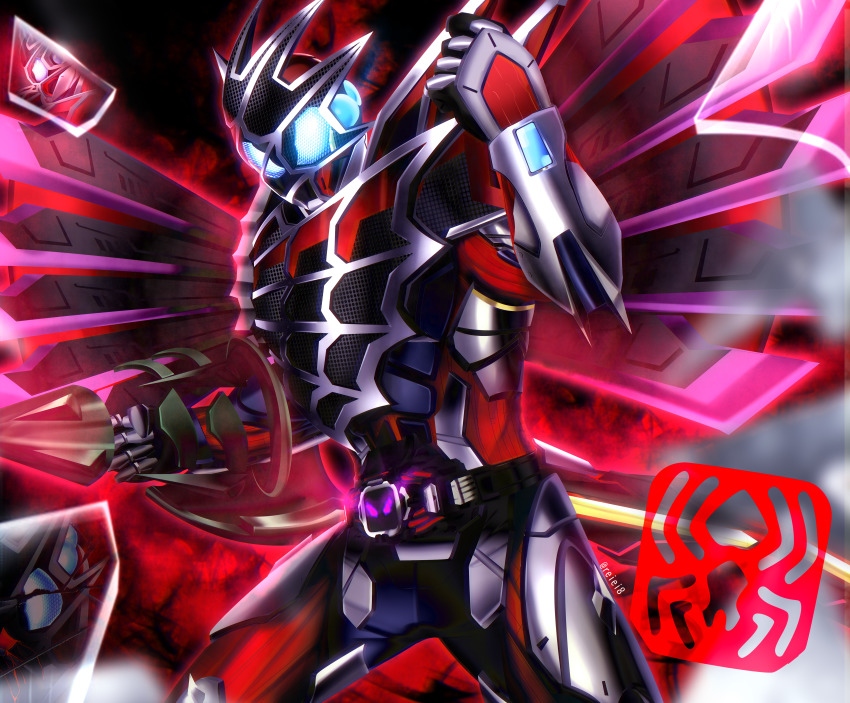 1boy absurdres armor asymmetrical_armor condor condor_genome dark_foreground drill drill_hand fighting_stance finishing_move glowing highres kamen_rider kamen_rider_demons kamen_rider_revice male_focus mogura_genome outstretched_arms purple_wings reiei_8 silk spider_web spider_web_print spread_arms stamp_mark tokusatsu vistamp wings