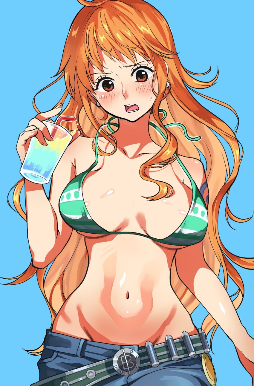 1girl bare_arms bare_shoulders belt bikini bikini_top_only blue_background blue_pants blush breasts breasts_apart brown_eyes collarbone cowboy_shot cup denim drink drinking_straw earrings green_bikini groin halterneck hashtag-only_commentary highres holding holding_cup jeans jewelry large_breasts long_hair nami_(one_piece) nami_(one_piece)_(return_to_sabaody) navel official_alternate_costume one_piece open_clothes open_mouth orange_hair pants pearl_earrings petakousausa shoulder_tattoo simple_background single_sidelock solo stomach straight-on striped_bikini striped_clothes sweatdrop swimsuit tattoo untied_bikini wardrobe_malfunction wavy_hair