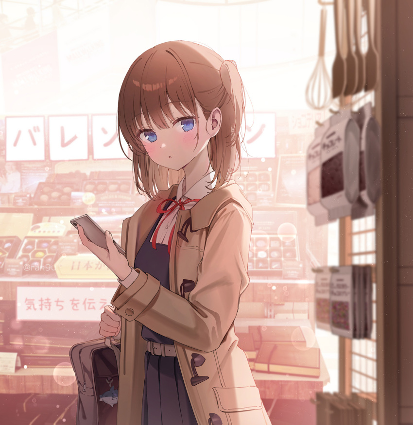 1girl bag black_skirt blue_eyes blush bow bowtie breasts brown_hair cellphone chocolate coat commentary_request highres holding holding_phone looking_at_viewer medium_hair nekouhai_(rangu) open_clothes open_coat original phone rangu red_bow red_bowtie school_bag school_uniform side_ponytail skirt small_breasts smartphone solo upper_body valentine