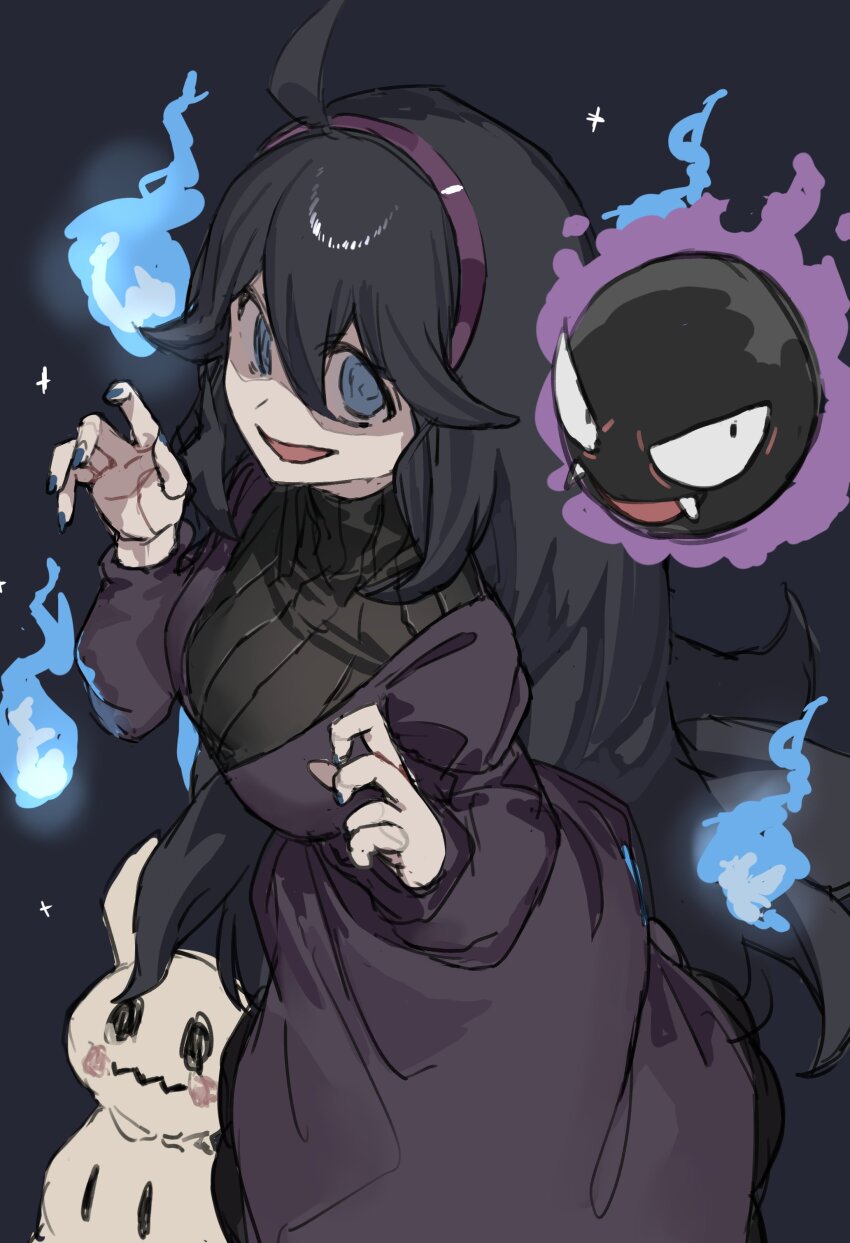 1girl @_@ absurdres black_background black_hair blue_eyes blue_fire dress fire gastly gen_1_pokemon gen_7_pokemon hairband hex_maniac_(pokemon) highres long_hair messy_hair mimikyu nintendo pokemon pokemon_(creature) pokemon_xy purple_dress purple_hairband purple_nails ranf