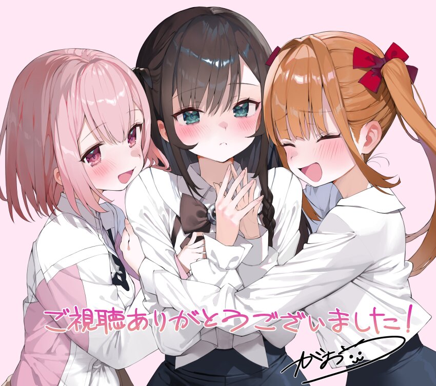 3girls absurdres alina_clover black_bow black_hair black_skirt bow bowtie brown_hair closed_mouth gaou_(umaiyo_puyoman) green_eyes guild_no_uketsukejou_desu_ga_zangyou_wa_iya_nanode_boss_wo_solo_toubatsu_shiyou_to_omoimasu highres laila_(girumasu) long_hair looking_at_viewer lululee_ashford multiple_girls official_art open_mouth ribbon shirt skirt smile very_long_hair white_shirt