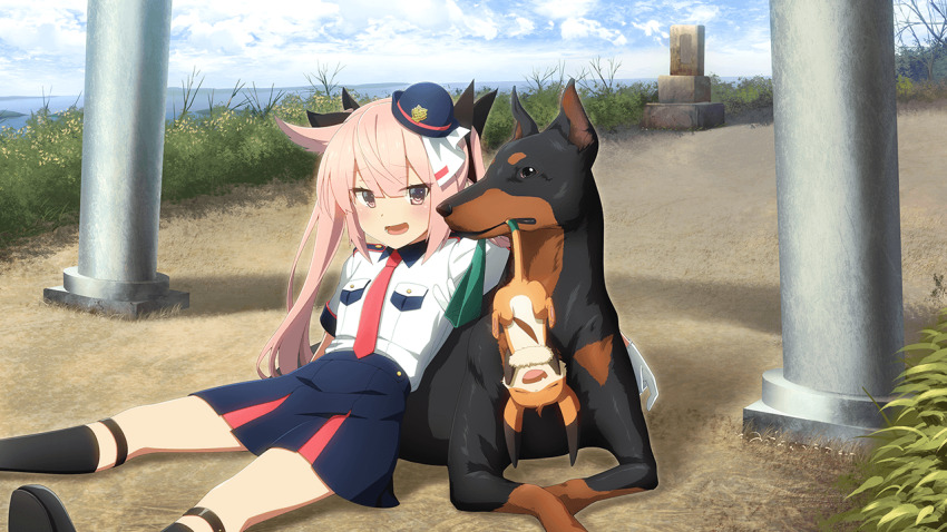 1girl :d animal black_socks blue_hat blue_skirt collared_shirt day dobermann dog furrowed_brow game_cg hat kneehighs long_hair looking_at_viewer mashiko_kaoru necktie nene_(toji_no_miko) non-web_source official_art on_ground open_mouth outdoors pink_hair police police_hat police_uniform policewoman purple_eyes red_necktie shirt short_sleeves sitting skirt smile socks solo tilted_headwear toji_no_miko toji_no_miko:_kizamishi_issen_no_tomoshibi twintails white_shirt