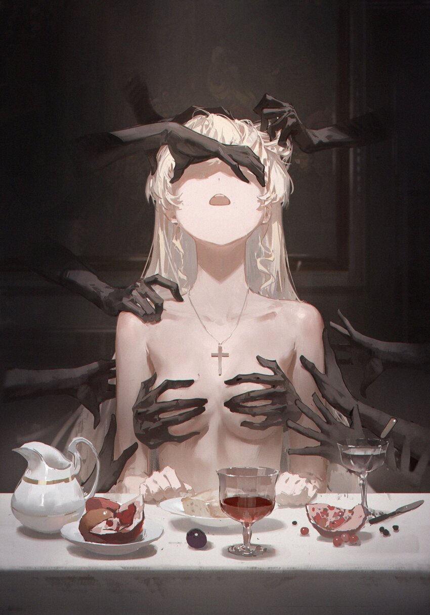 1girl absurdres blonde_hair breasts collarbone commentary covering_breasts covering_privates cross cross_necklace dino_(dinoartforame) disembodied_hand facing_up highres indoors jewelry long_hair necklace nude open_mouth phoebe_(wuthering_waves) shaded_face sitting small_breasts table wuthering_waves