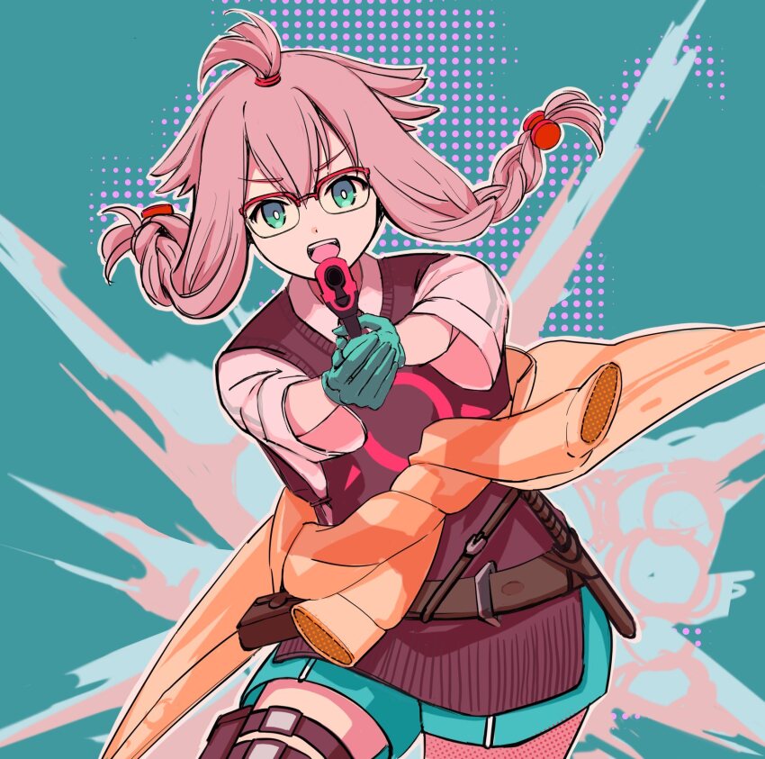 1girl aiming aiming_at_viewer aqua_gloves aqua_shorts arknights belt braid brown_belt brown_jacket brown_vest clothes_around_waist commentary excited explosion flipped_hair glasses gloves green_background green_eyes gun highres holding holding_gun holding_weapon jacket jacket_around_waist looking_at_viewer may_(arknights) nnicoinu open_mouth pink_hair polka_dot_shadow pouch shirt short_hair short_sleeves short_twintails shorts simple_background solo sweater_vest teeth thigh_pouch topknot twintails undershirt upper_teeth_only vest weapon white_shirt