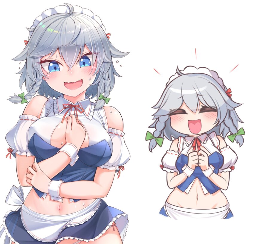 1girl bare_shoulders blue_eyes blush breasts groin harunoha highres izayoi_sakuya maid medium_breasts navel open_mouth panties side-tie_panties simple_background solo sweat sweatdrop tearing_up touhou underwear white_background