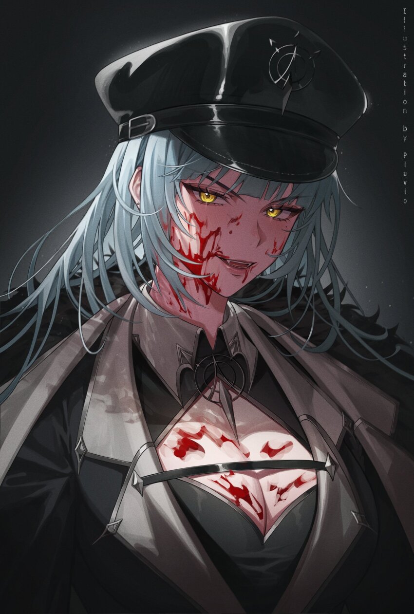 1girl artist_name black_coat black_hat blood blood_on_face blood_splatter blue_hair breasts chest_strap cleavage cleavage_cutout clothing_cutout coat collar commission eyelashes fangs fur-trimmed_coat fur_trim grey_collar hat highres indie_virtual_youtuber long_hair milkie_(vtuber) parted_lips peaked_cap pluvio solo upper_body virtual_youtuber yellow_eyes