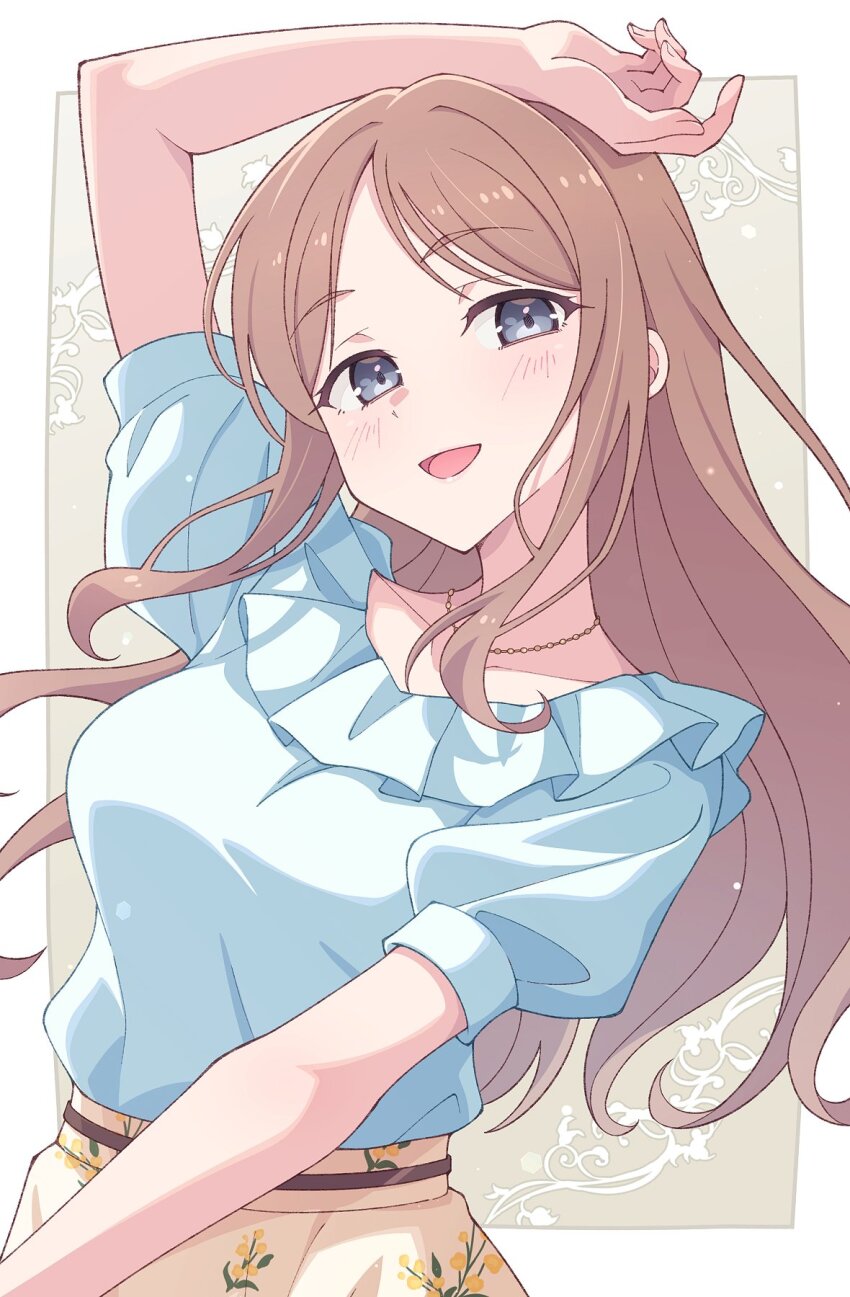 1girl arm_up bang_dream! bang_dream!_it&#039;s_mygo!!!!! blue_shirt blush border breasts brown_hair commentary e20 grey_eyes highres jewelry long_hair looking_at_viewer medium_breasts nagasaki_soyo necklace open_mouth outside_border shirt short_sleeves sidelocks solo upper_body white_border