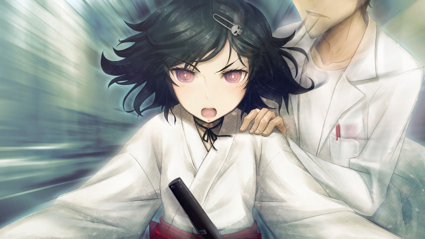 2boys adam&#039;s_apple beard_stubble black_hair blush bob_cut bokken breast_pocket brown_pants chihaya_(clothing) choker coat collarbone eyes_out_of_frame facial_hair fingernails floating_hair game_cg hair_ornament hairclip hakama hakama_skirt hand_on_another&#039;s_shoulder head_out_of_frame highres huke incoming_attack japanese_clothes kosode lab_coat lapels long_sleeves looking_at_viewer messy_hair miko motion_blur motion_lines multiple_boys non-web_source notched_lapels object_in_pocket official_art okabe_rintarou open_mouth pants pen_in_pocket pink_eyes pink_lips pocket red_hakama red_sash ribbon_choker ribbon_trim ringed_eyes sash sheath sheathed shirt shouting skirt skull_hair_ornament square_pupils steins;gate steins;gate:_my_darling&#039;s_embrace stubble sword t-shirt talking tongue trap urushibara_luka v-shaped_eyebrows waist_sash weapon white_coat white_shirt wide_sleeves wooden_sword