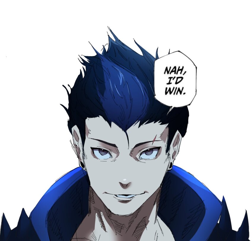 1boy animification black_hair blue_hair blue_hoodie commentary commission earrings english_commentary english_text eyebrow_cut feiyuu grey_eyes highres hood hood_down hoodie jewelry jujutsu_kaisen looking_at_viewer male_focus meme multicolored_hair nah_i&#039;d_win_(meme) parody parted_lips portrait solo speech_bubble streaked_hair valorant white_background yoru_(valorant)
