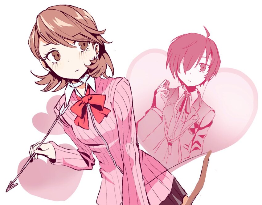 1boy 1girl ahoge arrow_(projectile) black_skirt blush bow bow_(weapon) bowtie brown_eyes brown_hair cardigan choker closed_mouth collared_shirt commentary earphones earrings flipped_hair gekkoukan_high_school_uniform hair_over_one_eye heart heart_background heart_choker holding holding_arrow holding_bow_(weapon) holding_earphones holding_weapon jacket jewelry leaning_to_the_side long_sleeves loose_bowtie medium_hair miniskirt neck_ribbon open_clothes open_jacket persona persona_3 pink_cardigan pleated_skirt r2dfb red_bow red_bowtie ribbed_cardigan ribbon school_uniform shirt short_hair skirt stud_earrings takeba_yukari upper_body weapon white_background white_choker white_shirt yuuki_makoto_(persona_3)