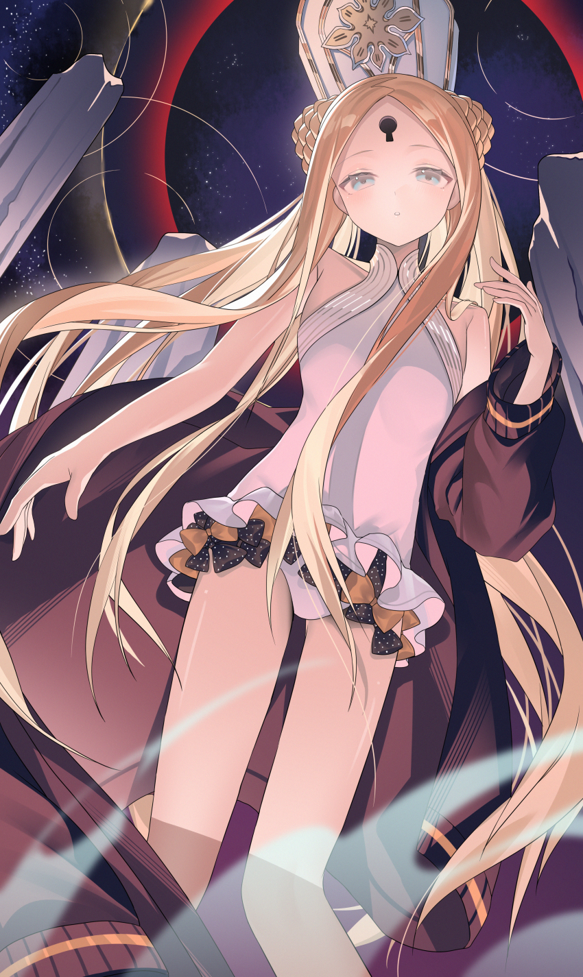 1girl abigail_williams_(fate) abigail_williams_(swimsuit_foreigner)_(fate) abigail_williams_(swimsuit_foreigner)_(second_ascension)_(fate) absurdres blonde_hair braid braided_bun clothes_down double_bun dress_swimsuit expressionless fate/grand_order fate_(series) flat_chest hair_bun hat highres jacket keyhole long_hair mitre miyu10366 one-piece_swimsuit solo space swimsuit very_long_hair white_one-piece_swimsuit