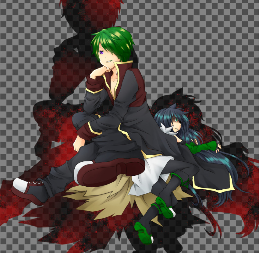 1boy 1girl alchemist_(ragnarok_online) black_coat black_hair black_pants black_shoes blue_eyes brown_cape brown_coat cape coat colored_shoe_soles commentary_request detached_sleeves fake_transparency full_body gold_trim green_hair green_shoes green_sleeves grin hair_over_one_eye long_hair looking_afar looking_at_viewer meiko_(nattu303) multicolored_coat pants priest_(ragnarok_online) purple_eyes ragnarok_online shaded_face shoes short_hair smile two-tone_coat