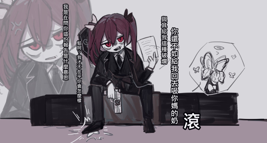 1girl absurdres anger_vein black_coat black_necktie black_pants chinese_text coat coffin collared_shirt e.g.o_(project_moon) employee_(project_moon) funeral_of_the_dead_butterflies gun highres holding holding_gun holding_weapon lobotomy_corporation looking_at_viewer necktie nugget_(project_moon) open_mouth pants project_moon red_eyes red_hair shirt solemn_lament_(e.g.o) solo translation_request twintails weapon white_shirt wing_collar yasuihiruya