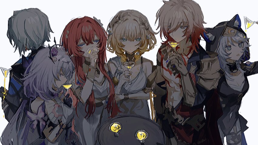 2boys 4girls aglaea_(honkai:_star_rail) anaxa_(honkai:_star_rail) ancient_greek_clothes animal_ear_fluff animal_ears animal_hood armored_gloves black_coat black_tiara blonde_hair breast_tattoo breasts castorice_(honkai:_star_rail) cat_ears cat_girl cat_hood chrysos_heirs_(honkai:_star_rail) cipher_(honkai:_star_rail) cleavage coat cocktail_glass cup dress drink drinking_glass gold_gloves greco-roman_clothes green_eyes grey_hair highres holding holding_cup honkai:_star_rail honkai_(series) hood inagoinaire laurel_crown long_hair multiple_boys multiple_girls mydei_(honkai:_star_rail) pointy_ears pouring pouring_onto_self purple_hair red_hair red_tattoo short_hair short_hair_with_long_locks simple_background tattoo tiara toned toned_male tongue tongue_out tribios_(honkai:_star_rail) white_background white_dress yellow_eyes