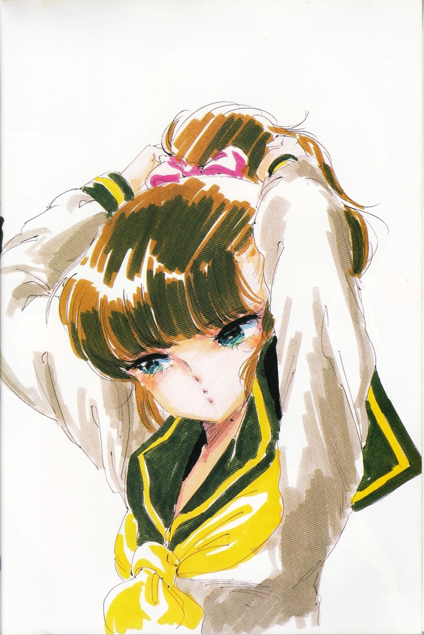 1980s_(style) 1girl bow brown_hair cream_lemon green_eyes hair_bow half-closed_eyes highres long_hair long_sleeves marker_(medium) non-web_source official_art oldschool oomori_midori ponytail retro_artstyle sailor_collar scan school_uniform shingyouji_tatsuya solo traditional_media tying_hair upper_body