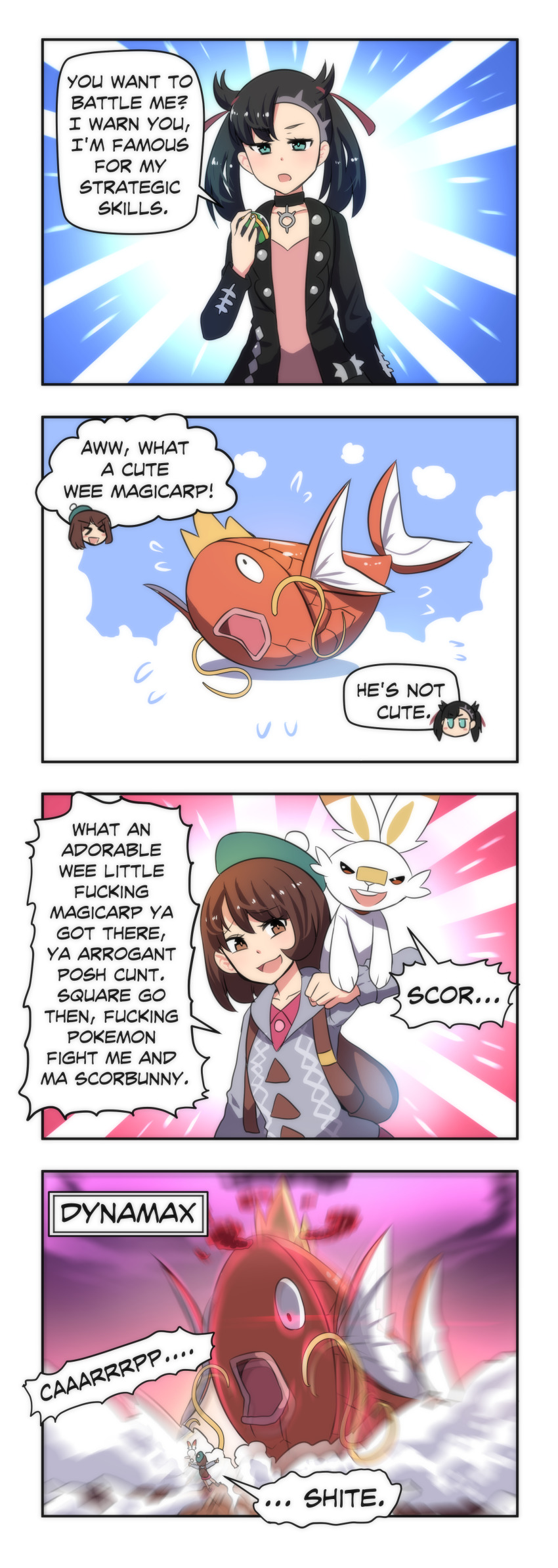 2girls absurdres black_hair blue_eyes chibi chibi_inset choker comic dusk_ball dynamax english_text fish gen_1_pokemon gen_8_pokemon gloria_(pokemon) hat highres hinghoi jacket magikarp marnie_(pokemon) merryweather multiple_girls nintendo poke_ball pokemon pokemon_(creature) pokemon_swsh profanity rabbit scorbunny scottish_english_text smoke speech_bubble tam_o&#039;_shanter