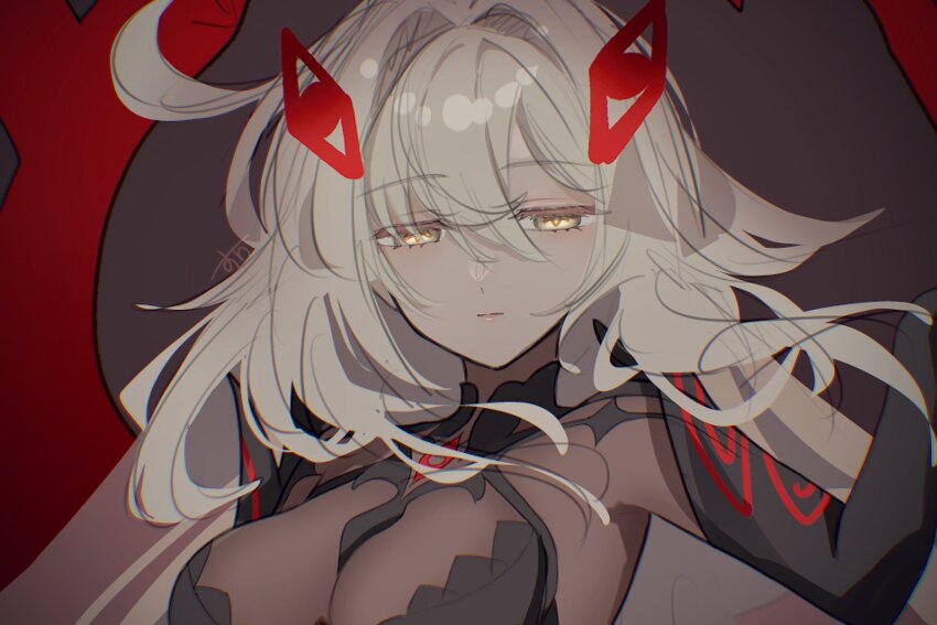 1girl black_dress bodystocking breasts cowlick dress expressionless eye_hair_ornament eye_symbol genshin_impact hair_between_eyes hair_intakes hair_ornament highres long_hair looking_at_viewer ronova_(genshin_impact) side_ahoge solo suwa_(swk_kkk) symbol-shaped_pupils upper_body very_long_hair white_hair wings yellow_eyes