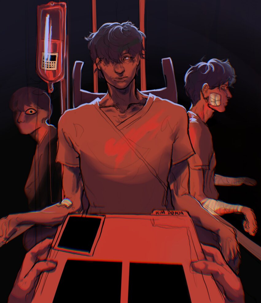 3boys :| analogous_colors armrest bandaged_arm bandages black_hair chair closed_mouth folder glowing glowing_eyes hair_over_one_eye highres holding holding_folder intravenous_drip kim_dokja looking_at_viewer macaronijail multiple_boys multiple_persona oldest_dream omniscient_reader&#039;s_viewpoint on_chair photo_(object) red_theme shirt short_hair sitting viewer_self-insert white_shirt wide-eyed