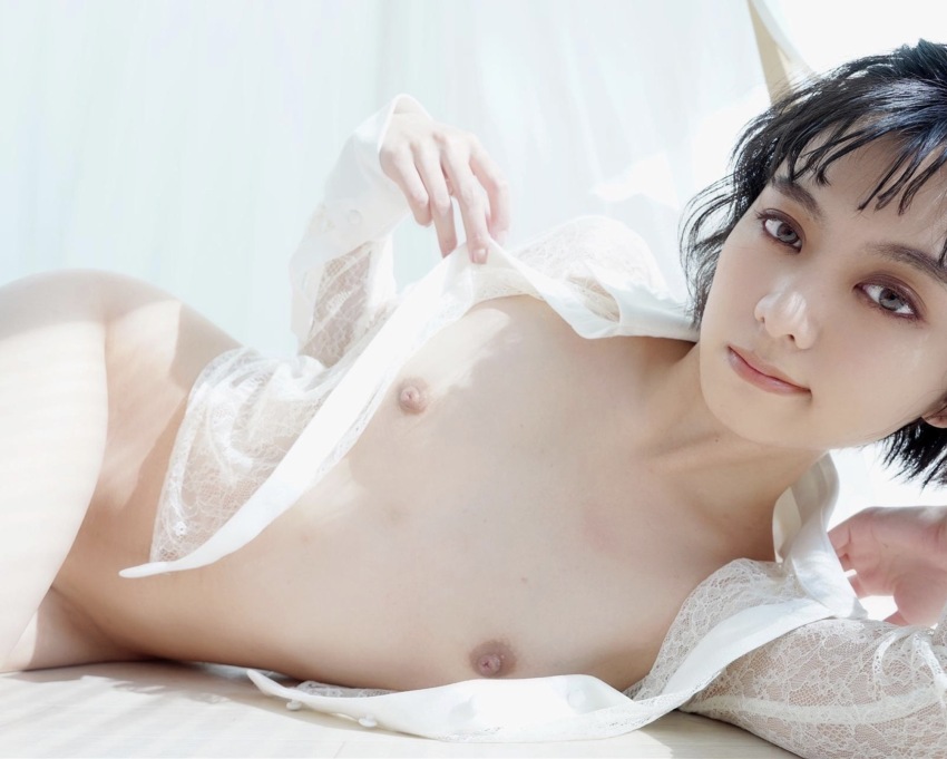 1girl black_hair curtains flat_chest highres japanese_(nationality) looking_at_viewer monami_suzu nipples on_floor open_clothes open_shirt photo_(medium) real_life short_hair