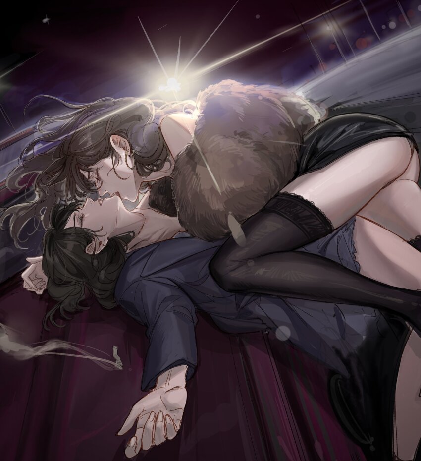 2girls black_coat black_hair black_skirt black_thighhighs brown_hair cigarette closed_eyes coat deerwhisky dutch_angle earrings hand_on_another&#039;s_neck highres jewelry leg_between_thighs multiple_girls night open_mouth original outdoors sitting_on_bar skirt stole thighhighs yuri