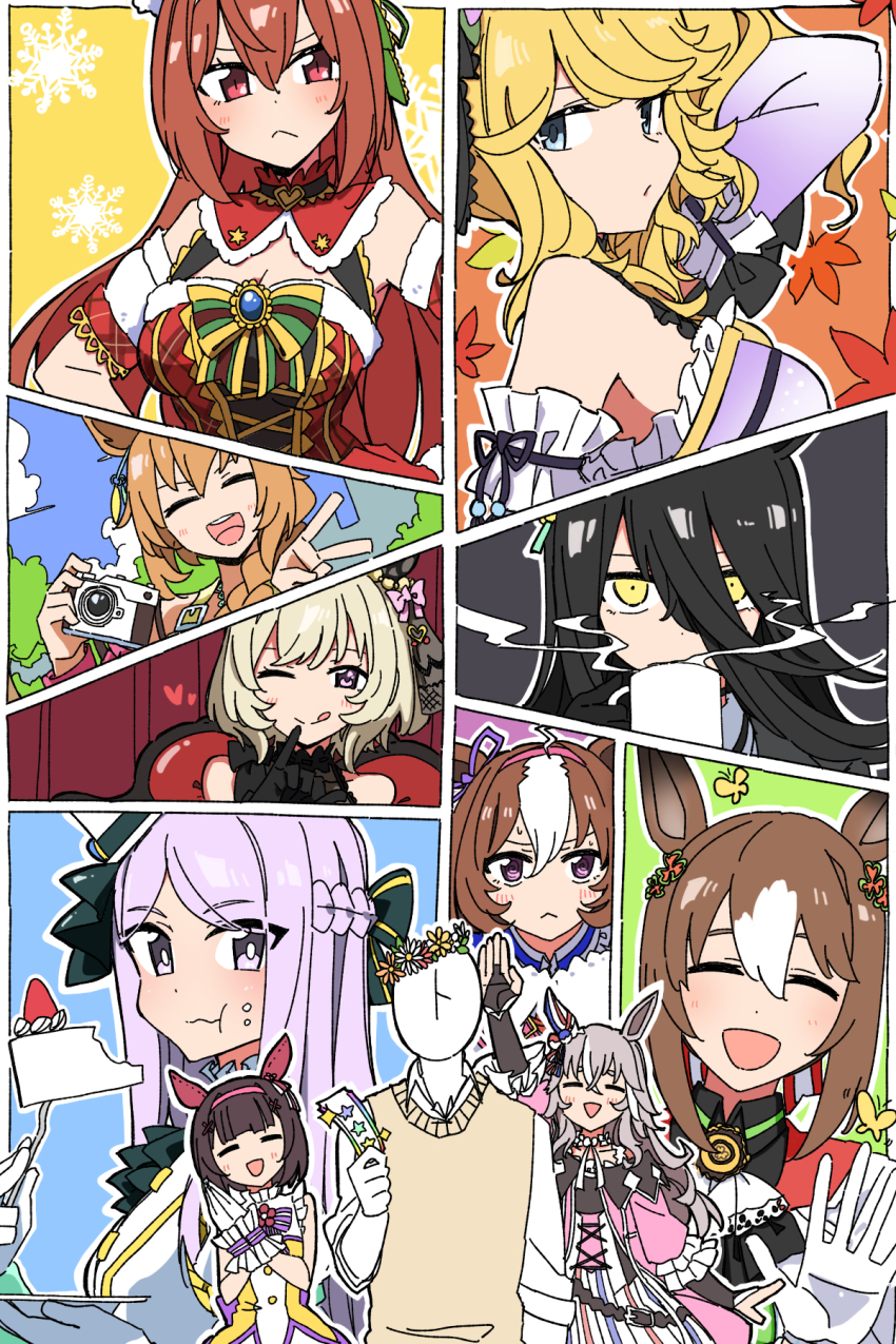 1boy 6+girls ;p ^_^ animal_ears autumn_leaves closed_eyes cup curren_chan_(sakutsuki_ma_cherie)_(umamusume) curren_chan_(umamusume) daiwa_scarlet_(scarlet_nuit_etoile)_(umamusume) daiwa_scarlet_(umamusume) dress durindana_7 gold_city_(akizakura_danzatrice)_(umamusume) gold_city_(umamusume) gradient_clothes gradient_dress highres holding holding_ticket horse_ears horse_girl leaf mejiro_mcqueen_(end_of_sky)_(umamusume) mejiro_mcqueen_(umamusume) mug multicolored_hair multiple_girls one_eye_closed t-head_trainer_(umamusume) taiki_shuttle_(bubblegum_memories)_(umamusume) taiki_shuttle_(umamusume) the_promised_time:_silks_&amp;_three_riddles_(umamusume) ticket tongue tongue_out trainer_(umamusume) umamusume