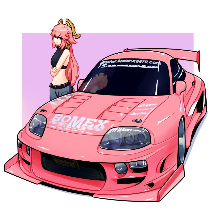 1girl absurdres animal_ears belt black_belt black_shirt breasts car commentary cropped_shirt duz earrings english_commentary fox_ears genshin_impact grey_pants highres jewelry long_hair looking_at_viewer medium_breasts midriff motor_vehicle pants pink_car pink_hair purple_eyes reflection shirt sleeveless sleeveless_shirt smile solo spoiler_(automobile) sports_car standing toyota toyota_supra toyota_supra_mk_iv vehicle_focus very_long_hair watermark web_address yae_miko