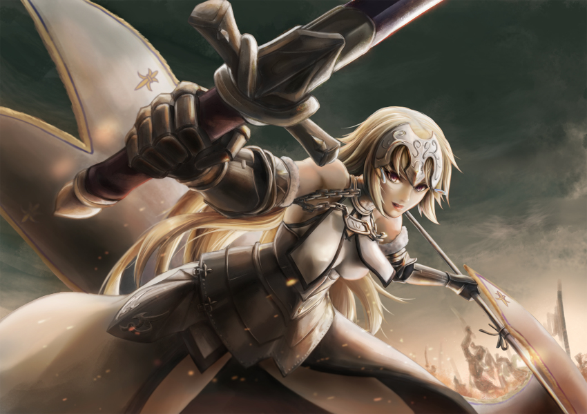 1girl armor armored_dress bad_id bad_pixiv_id bare_shoulders blonde_hair breasts chain dress fate/apocrypha fate_(series) female_focus headpiece highres jeanne_d&#039;arc_(fate) jeanne_d&#039;arc_(ruler)_(fate) jeanne_d&#039;arc_(third_ascension)_(fate) karlhe long_hair medium_breasts purple_eyes red_lips solo standard_bearer sword third-party_edit weapon