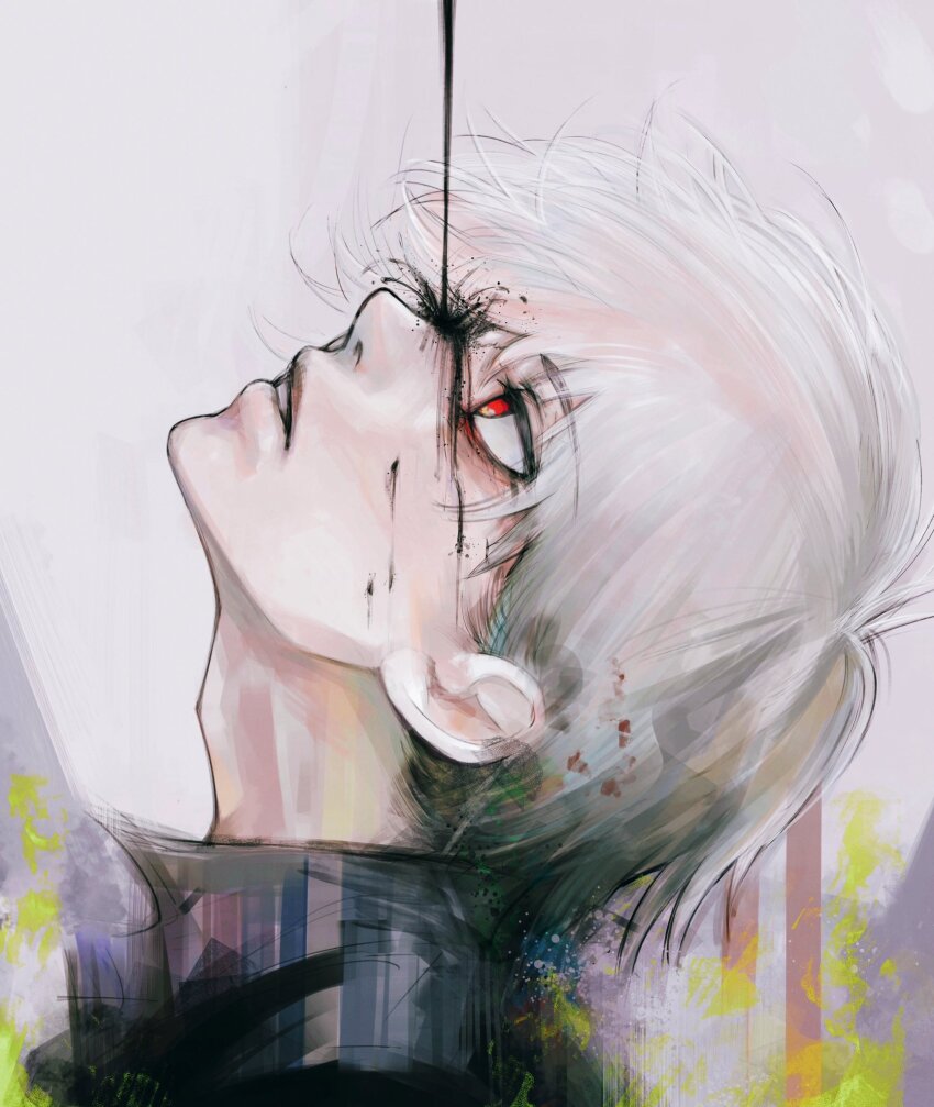 1boy adam&#039;s_apple commentary_request dripping from_side high_collar highres jobjobpooh131 kaneki_ken lips looking_up male_focus nose parted_lips red_eyes short_hair simple_background solo tokyo_ghoul white_background white_hair