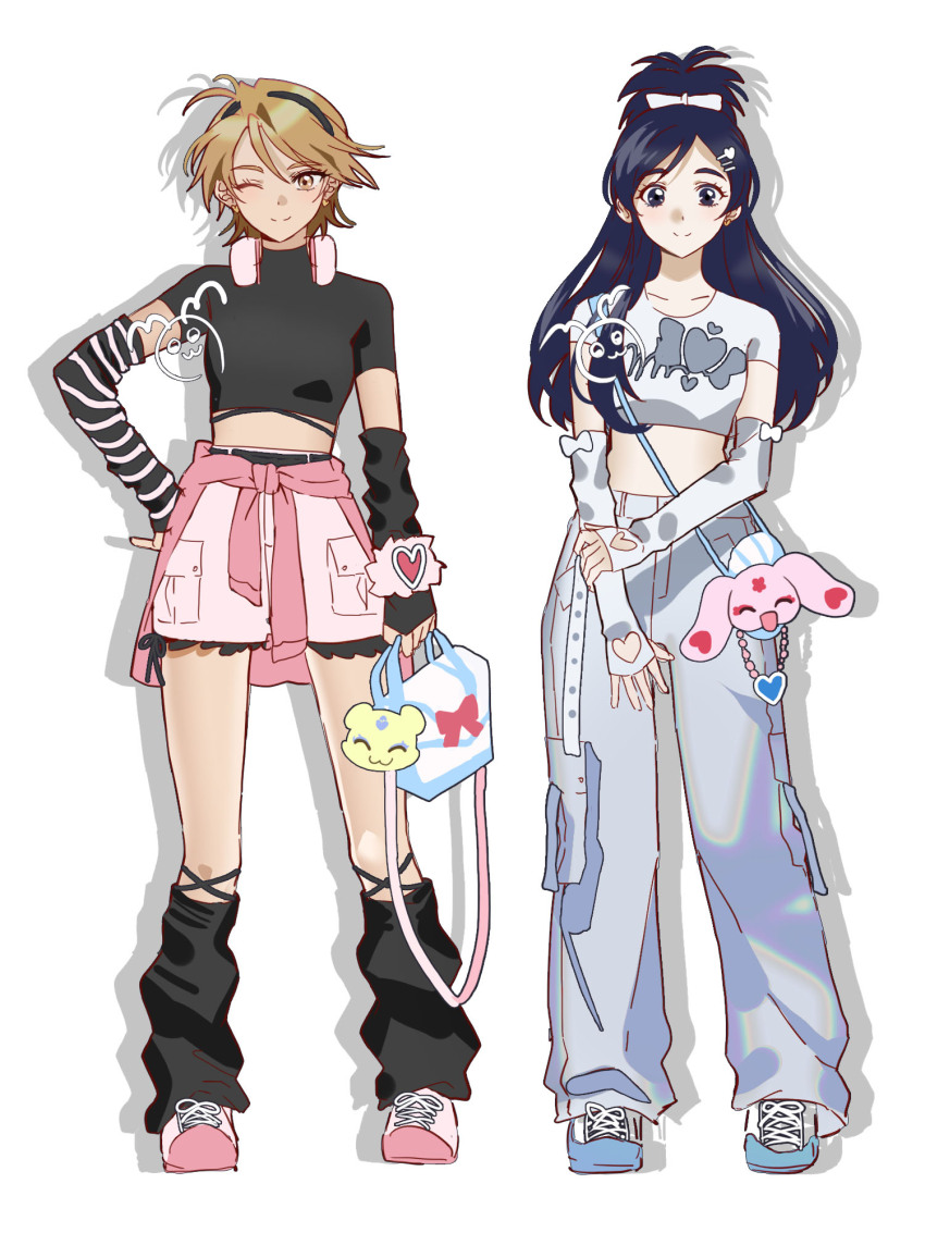2girls alternate_costume arm_warmers bag black_hair black_headband black_leg_warmers black_shirt blue_eyes bow brown_eyes brown_hair clothes_around_waist crop_top cure_black cure_white full_body futari_wa_precure hair_bow half_updo headband headphones headphones_around_neck highres holding holding_bag jacket jacket_around_waist leg_warmers long_hair mepple midriff mipple mismatched_arm_warmers misumi_nagisa multiple_girls nani_(s2_nani) one_eye_closed pants pink_jacket pink_shoes pink_shorts precure shirt shoes short_hair shorts shoulder_bag smile sneakers white_bow white_footwear white_pants white_shirt yukishiro_honoka