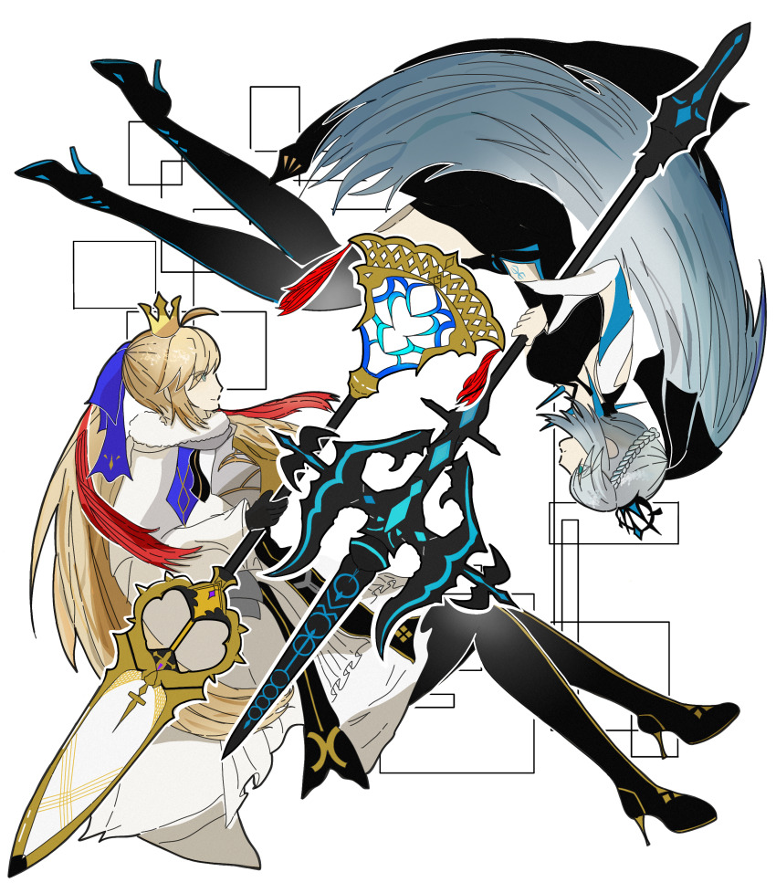2girls absurdres artoria_caster_(fate) artoria_caster_(third_ascension)_(fate) artoria_pendragon_(fate) black_gloves blonde_hair blue_eyes bow crown fate/grand_order fate_(series) full_body gloves hair_bow high_heels highres marmyadose_(fate) mini_crown morgan_le_fay_(fate) multiple_girls polearm ponytail simple_background smile spear weapon white_hair yadokari37