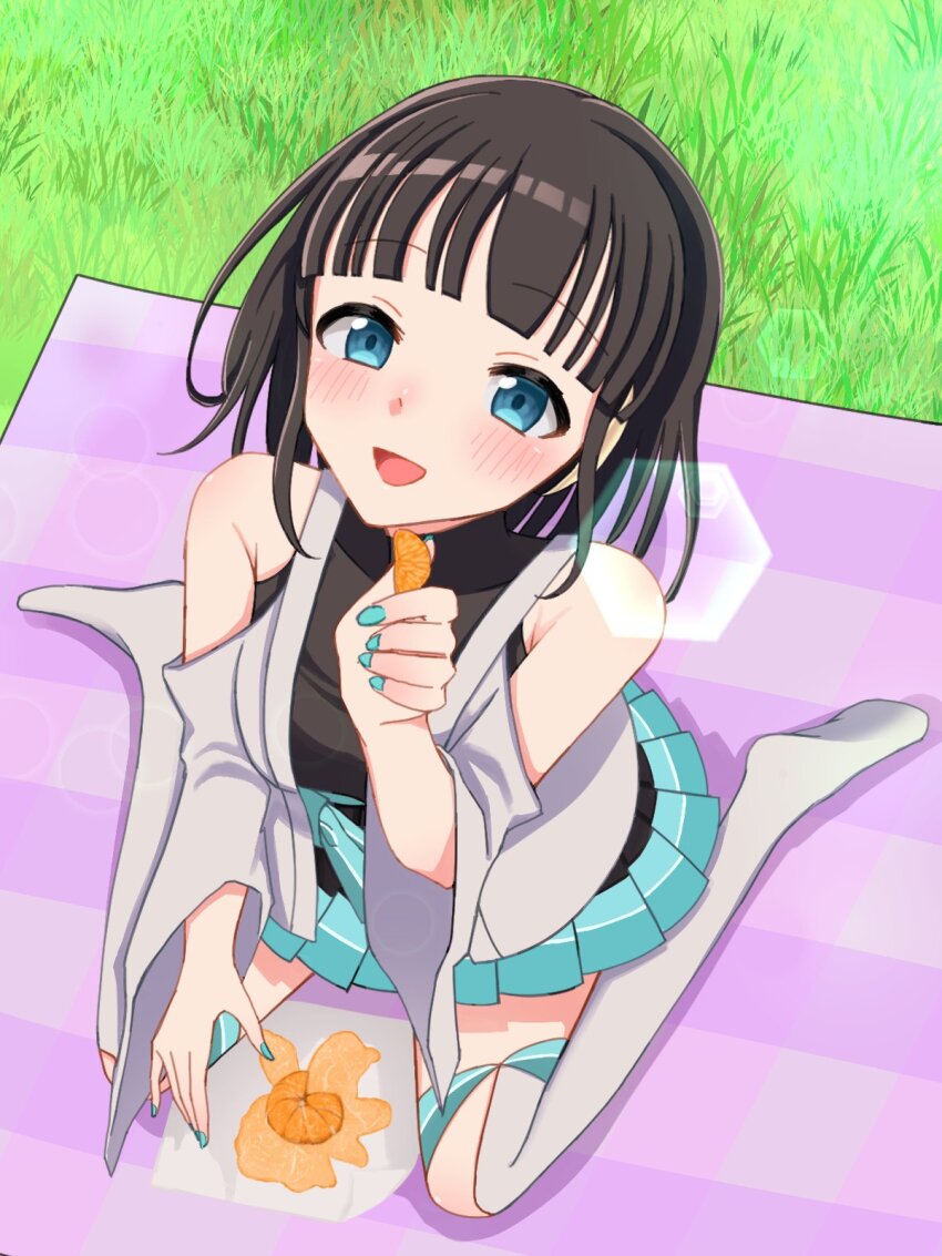 1girl black_hair food fruit grass highres mandarin_orange ouji_shigure picnic station_memories