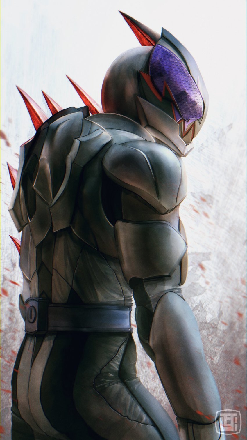 1boy armor artist_logo ass asymmetrical_armor belt black_armor blood blood_splatter bodysuit compound_eyes crimson_vail demon demon_boy from_side highres kamen_rider kamen_rider_revice kamen_rider_vail kozsen_810290 logo outstretched_arms profile purple_eyes sharp_teeth teeth upper_body vail_(kamen_rider_revice) zombie_pose